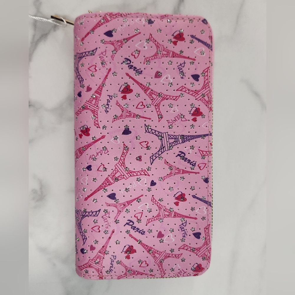 Pink Blush Kiss Glitter Paris Eiffel Tower Print Two Zipper Women's Wallet - Picture 6 of 14